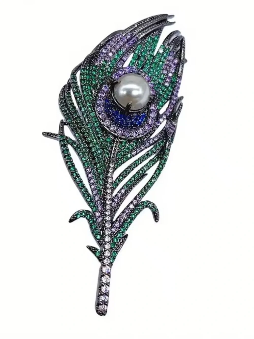 Anthropologie Peacock Feather Pearl Brooch Green Purple NWOT